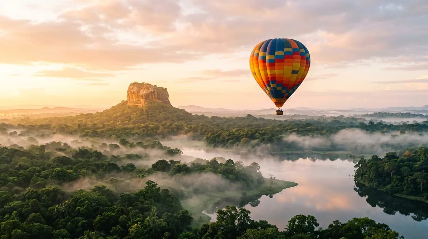 Hot-air balloon floating at sunrise over Kandalama Lake and the Cultural Triangle in Sri Lanka