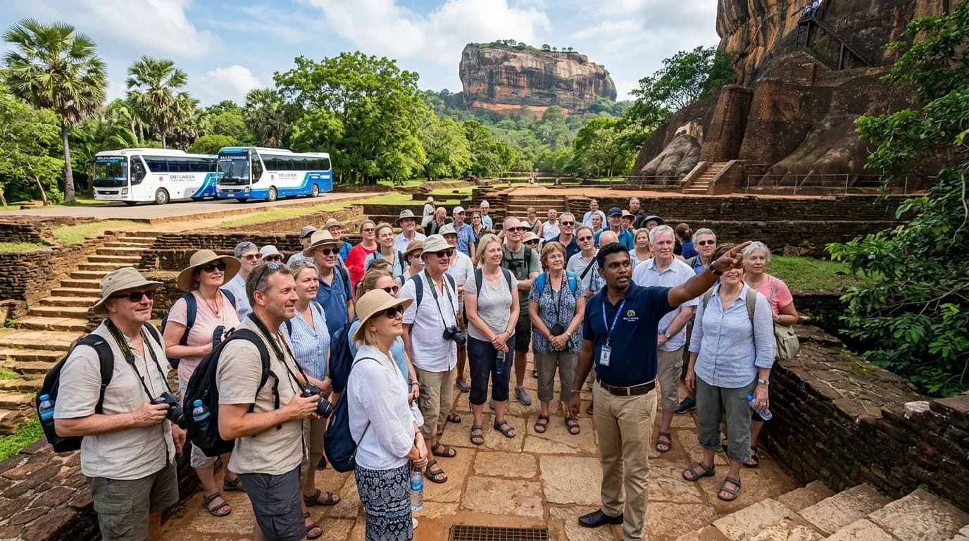 Large guided group tour of 50+ European travellers exploring Sri Lanka with Zelenso Travel