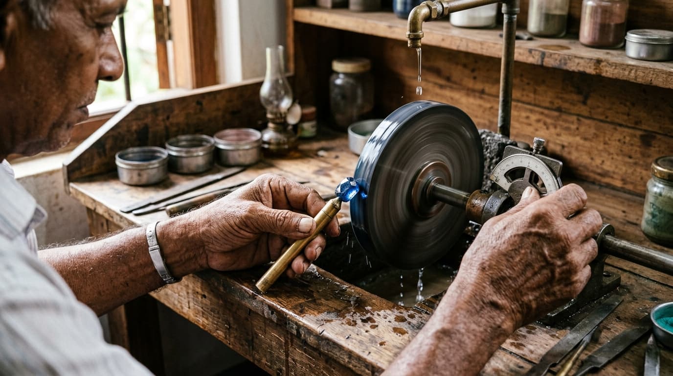 Sri Lankan lapidary master faceting a natural Ceylon blue sapphire on a traditional hand-turned wheel