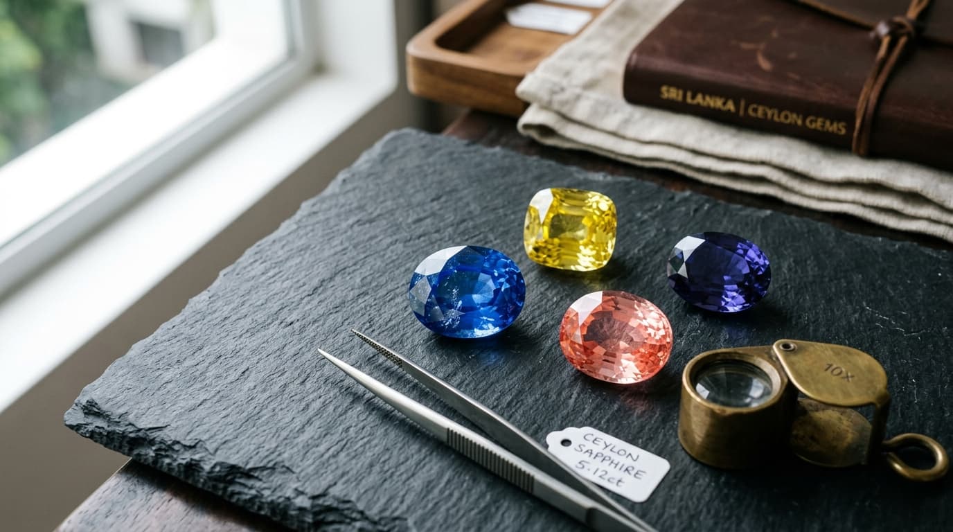 Fine natural Ceylon sapphires, tweezers, and 10x loupe on black gemologist slate — Zelenso Travel