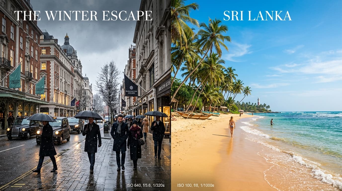 Visual contrast between a cold rainy London winter street and a sunny golden beach on Sri Lanka's south coast
