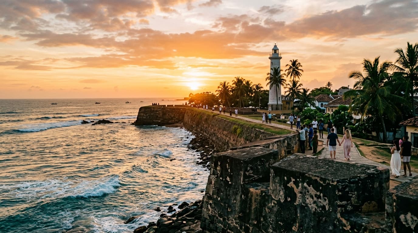 Golden hour over the historic Dutch ramparts and lighthouse of Galle Fort, Sri Lanka — the ultimate winter escape for Dutch travellers