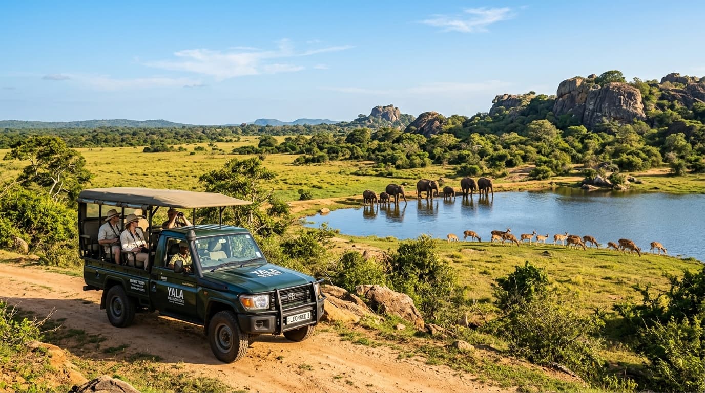 Luxury wildlife safari in Yala National Park with elephants drinking at waterhole in January