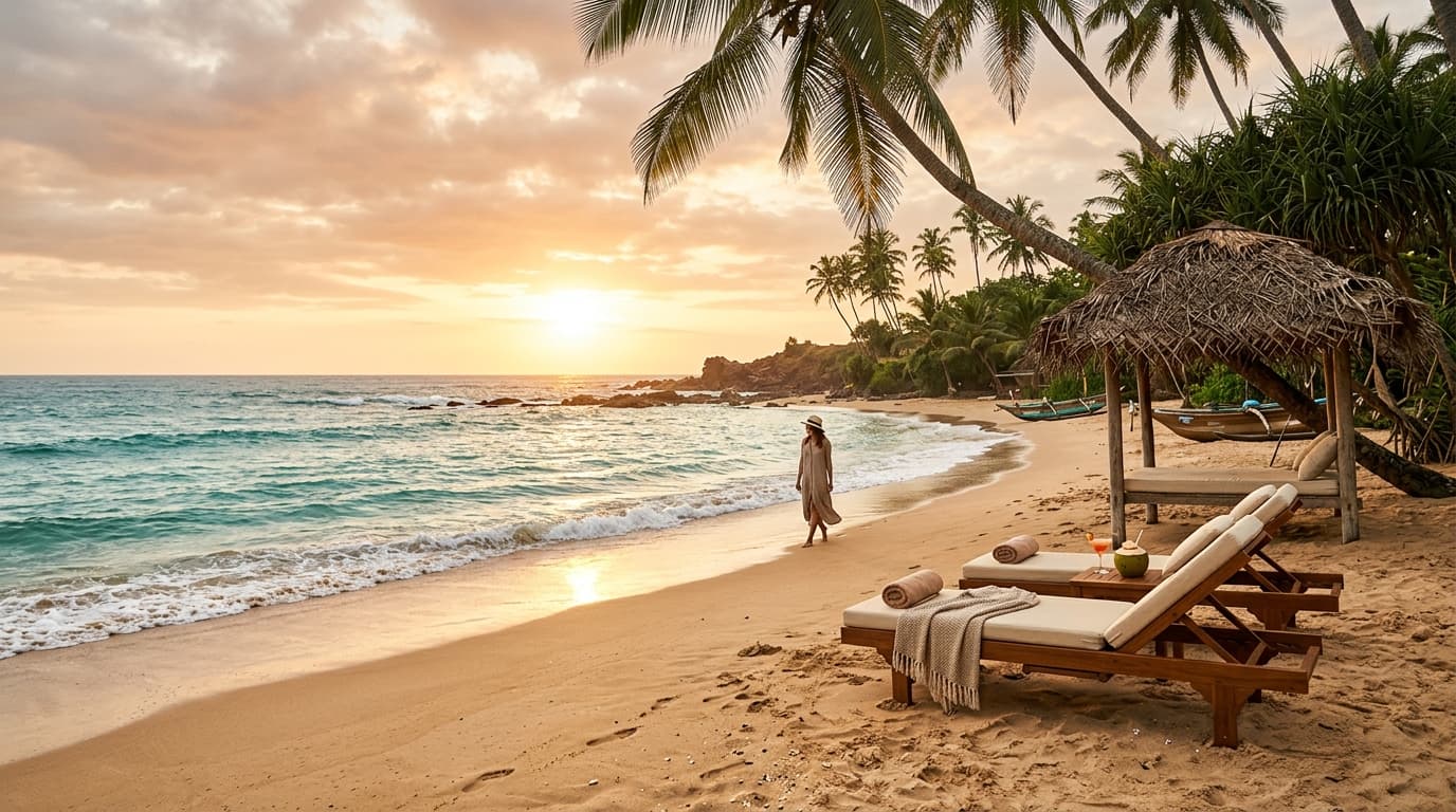 Pristine palm-fringed tropical beach on Sri Lanka's southern coast during UK winter sun season